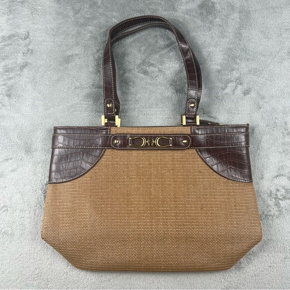 Etienne Aigner Woven Square Tote Bag Brown Crocodile Trim Summer Resort Handbag